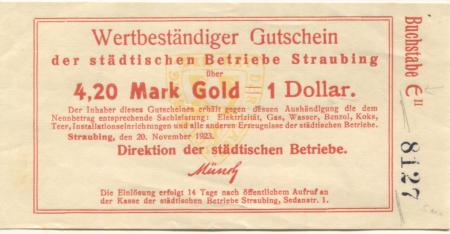 Straubing - Städtische Betriebe, Sedanstr. 1 - 20.11.1923 - 4.20 Gold-Mark 