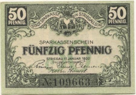 Striegau (heute: PL-Strzegom) - Städtische Sparkasse - 17.1.1920 - 50 Pfennig 