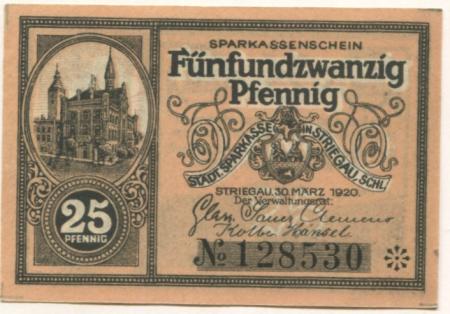 Striegau (heute: PL-Strzegom) - Städtische Sparkasse - 30.3.1920 - 25 Pfennig 