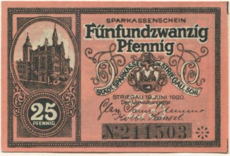 Striegau (heute: PL-Strzegom) - Städtische Sparkasse - 19.6.1920 - 25 Pfennig 