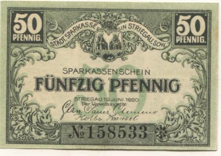 Striegau (heute: PL-Strzegom) - Städtische Sparkasse - 19.6.1920 - 50 Pfennig 