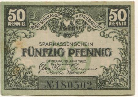 Striegau (heute: PL-Strzegom) - Städtische Sparkasse - 19.6.1920 - 50 Pfennig 