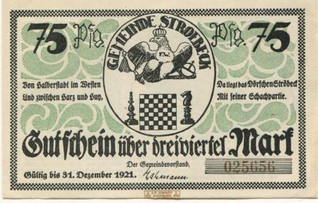 Stroebeck (heute: Halberstadt) - Gemeinde - 31.12.1921 - 75 Pfennig 
