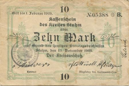Stuhm (heute: PL-Sztum) - Kreis - 13.11.1918 - 1.2.1919 - 10 Mark 