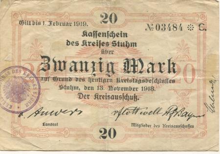 Stuhm (heute: PL-Sztum) - Kreis - 13.11.1918 - 1.2.1919 - 20 Mark 