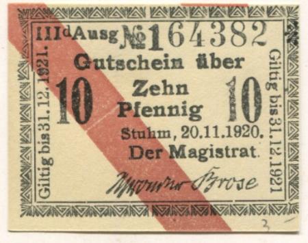 Stuhm (heute: PL-Sztum) - Stadt - 20.11.1920 - 31.12.1921 - 10 Pfennig 