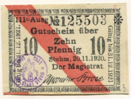 Stuhm (heute: PL-Sztum) - Stadt - 20.11.1920 - 31.12.1921 - 10 Pfennig 