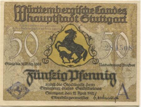 Stuttgart - Stadt - 21.4.1921 - 31.3.1924 - 50 Pfennig 