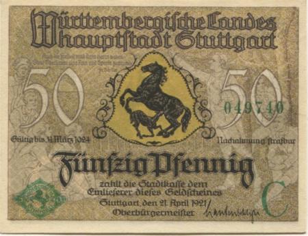 Stuttgart - Stadt - 21.4.1921 - 31.3.1924 - 50 Pfennig 