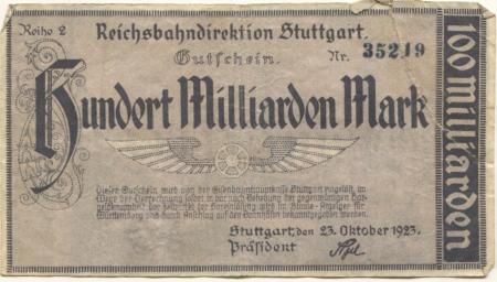 Stuttgart - Reichsbahndirektion - 23.10.1923 - 100 Milliarden Mark 