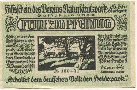 Stuttgart - Verein Naturschutzpark eV, Pfizerstr. 5 - - 31.12.1921 - 50 Pfennig 