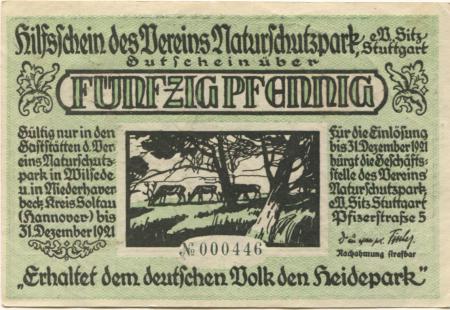 Stuttgart - Verein Naturschutzpark eV, Pfizerstr. 5 - - 31.12.1921 - 50 Pfennig 