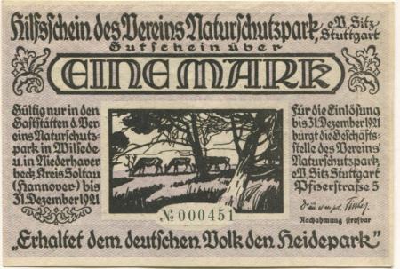 Stuttgart - Verein Naturschutzpark eV, Pfizerstr. 5 - - 31.12.1921 - 1 Mark 