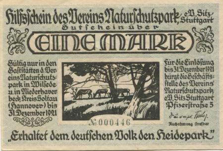 Stuttgart - Verein Naturschutzpark eV, Pfizerstr. 5 - - 31.12.1921 - 1 Mark 
