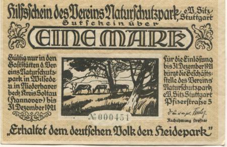 Stuttgart - Verein Naturschutzpark eV, Pfizerstr. 5 - - 31.12.1921 - 1 Mark 