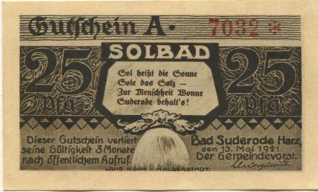 Suderode (Bad) (heute: Quedlinburg) - Gemeinde - 13.5.1921 - 25 Pfennig 