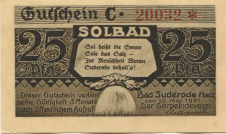 Suderode (Bad) (heute: Quedlinburg) - Gemeinde - 13.5.1921 - 25 Pfennig 