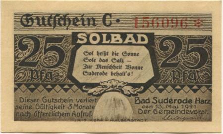 Suderode (Bad) (heute: Quedlinburg) - Gemeinde - 13.5.1921 - 25 Pfennig 