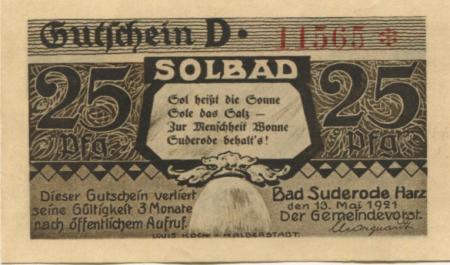 Suderode (Bad) (heute: Quedlinburg) - Gemeinde - 13.5.1921 - 25 Pfennig 