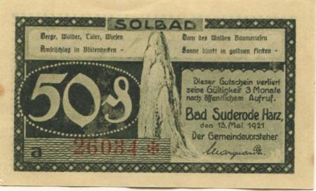 Suderode (Bad) (heute: Quedlinburg) - Gemeinde - 13.5.1921 - 50 Pfennig 