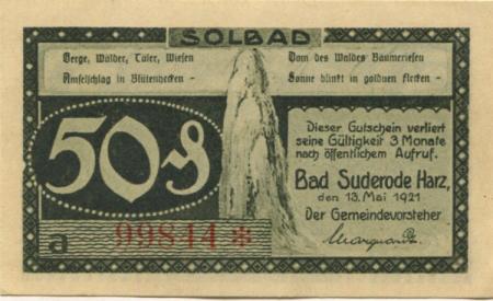 Suderode (Bad) (heute: Quedlinburg) - Gemeinde - 13.5.1921 - 50 Pfennig 