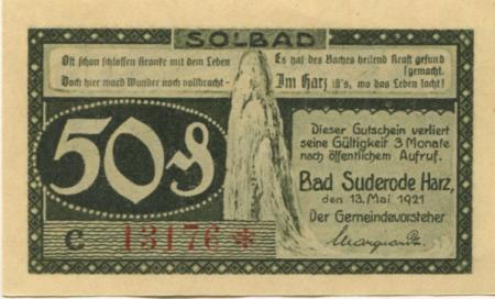 Suderode (Bad) (heute: Quedlinburg) - Gemeinde - 13.5.1921 - 50 Pfennig 