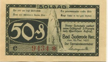 Suderode (Bad) (heute: Quedlinburg) - Gemeinde - 13.5.1921 - 50 Pfennig 