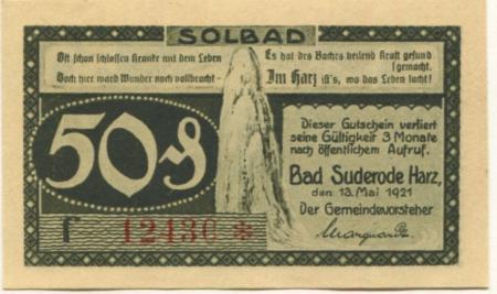 Suderode (Bad) (heute: Quedlinburg) - Gemeinde - 13.5.1921 - 50 Pfennig 
