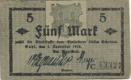 Suhl - Stadt - 4.11.1918 - 1.2.1919 - 5 Mark 
