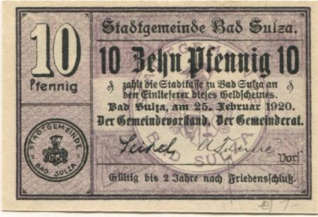 Sulza (Bad) - Stadt - 25.2.1920 - 10 Pfennig 