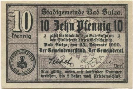 Sulza (Bad) - Stadt - 25.2.1920 - 10 Pfennig 