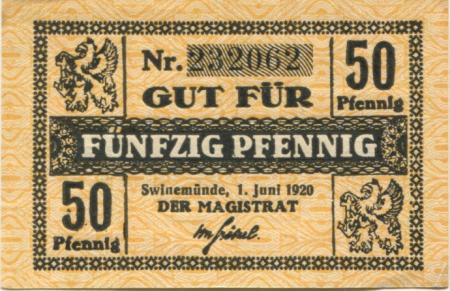 Swinemünde (heute: PL-Swinoujscie) - Stadt - 1.6.1920 - 31.3.1922 - 50 Pfennig 