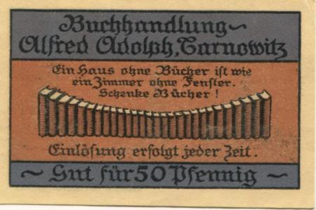 Tarnowitz (heute: PL-Tarnowskie Góry) - Adolph, Alfred, Buchhandlung - -- - 50 Pfennig 