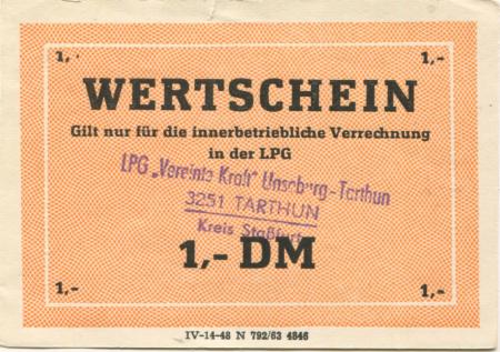 Tarthun (heute: Bördeaue) - LPG Tierproduktion Vereinte Kraft Borne, Unseburg, Tarthun, Wolmirsleben - -- - 1 Mark 