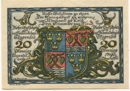 Tegernsee - Gemeinde - 1.6.1921 - 20 Pfennig 