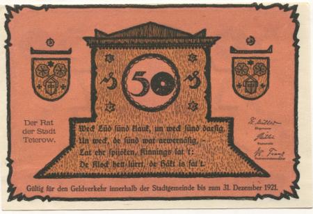 Teterow - Stadt - - 31.12.1921 - 50 Pfennig 