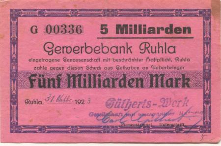 Thal (heute: Ruhla) - Güthert's Werk GmbH, (Eisennägel-Fabrik) - 31.10.1923 - 5 Milliarden Mark 