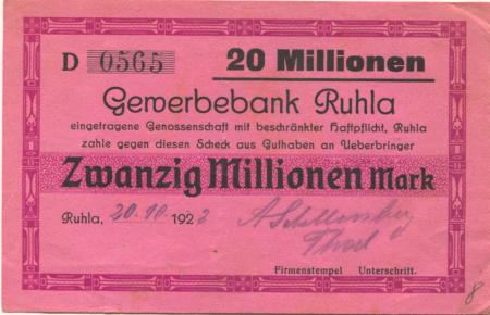 Thal (heute: Ruhla) - Schellenberg, A., Metallwarenfabrik - 30.10.1923 - 20 Millionen Mark 