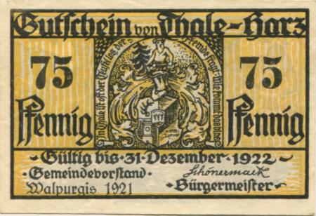 Thale - Stadt - 30.4.1921 - 31.12.1922 - 75 Pfennig 