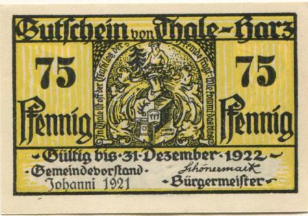 Thale - Stadt - 24.6.1921 - 31.12.1922 - 75 Pfennig 