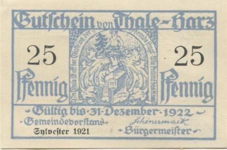 Thale - Stadt - 31.12.1921 - 31.12.1922 - 25 Pfennig 