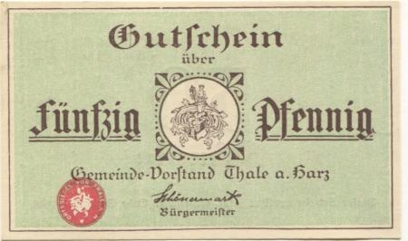 Thale - Stadt - - Ende Dezember 1919 - 50 Pfennig 