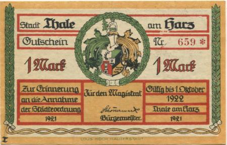 Thale - Stadt - 1921 - 1.10.1922 - 1 Mark 