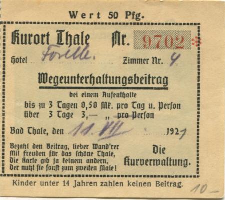 Thale - Kurverwaltung - 1.7.1921 - 50 Pfennig 