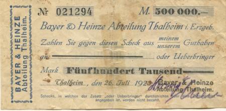 Thalheim - Bayer & Heinze, Bankhaus, Abteilung Thalheim, Bismarckstr. 4 - 26.7.1923 - 500000 Mark 