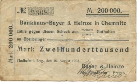 Thalheim - Bayer & Heinze, Bankhaus, Abteilung Thalheim, Bismarckstr. 4 - 10.8.1923 - 200000 Mark 