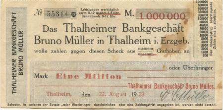 Thalheim - Müller, Bruno, Bankgeschäft - 22.8.1923 - 1 Million Mark 
