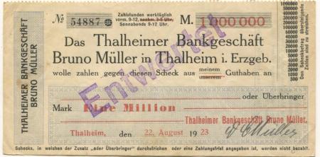 Thalheim - Müller, Bruno, Bankgeschäft - 22.8.1923 - 1 Million Mark 