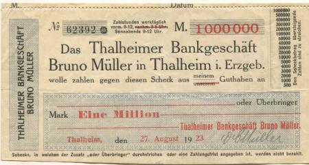 Thalheim - Müller, Bruno, Bankgeschäft - 27.8.1923 - 1 Million Mark 