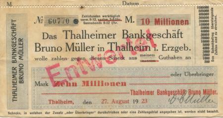 Thalheim - Müller, Bruno, Bankgeschäft - 27.8.1923 - 10 Millionen Mark 